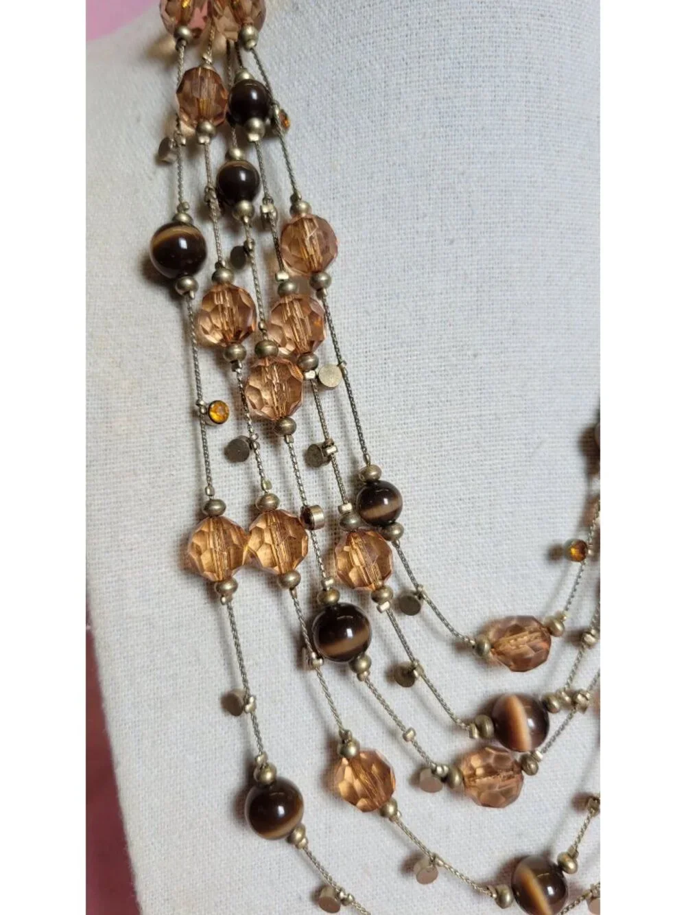 Two-toned Brown Cats Eye Layered Faceted Orange Rhinestone Costume Necklace N1A